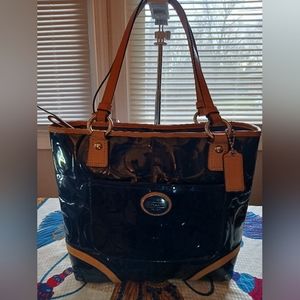 Midnight blue patent leather Coach tote bag